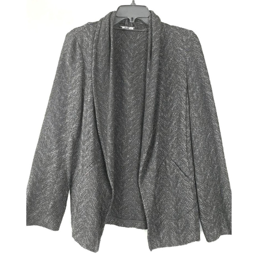 Eileen Fisher Cardigan Womens S Gray Herringbone Wool Blend Open Minimalist